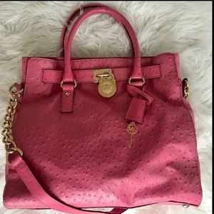 Michael Kors Pink Ostrich~Embossed Leather Hamilton Tote